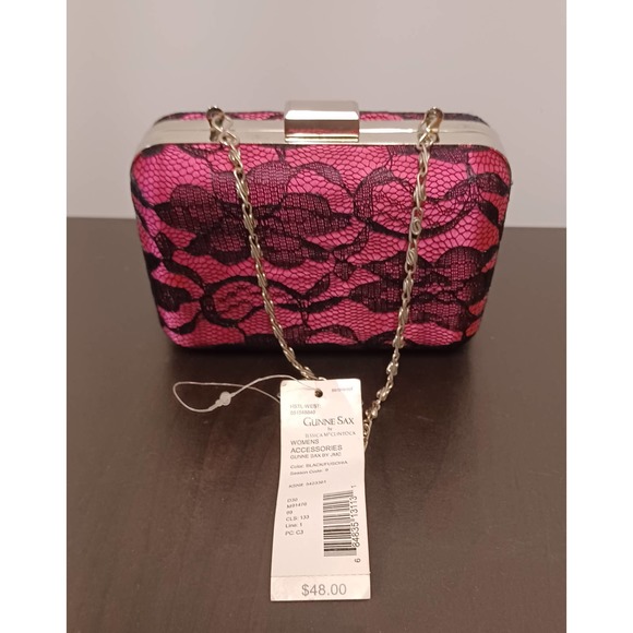 NEW Gunni Sac Fushia Pink with Black Lace Box Purse with Chain Strap - Picture 1 of 5